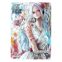 Anime character with white hair and tattoos on a colorful card with 'One Piece' branding.