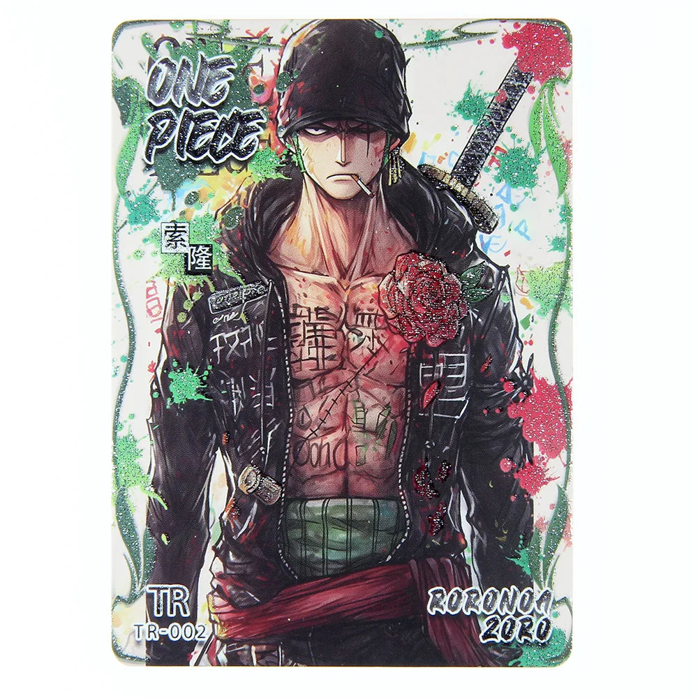Card featuring an anime character with tattoos and a rose, with 'One Piece' branding.