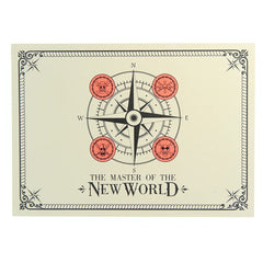 Decorative card with compass design and text 'The Master of the New World' on a beige background.
