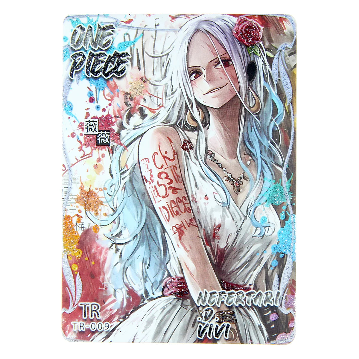 Anime character with white hair and tattoos on a colorful card with 'One Piece' branding.